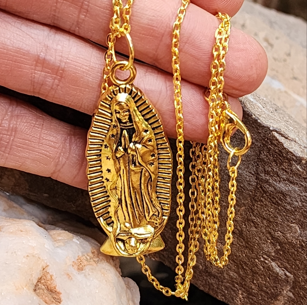 Large Our Lady of Guadalupe' Gold Medallion Long Chain Magnolia Rose